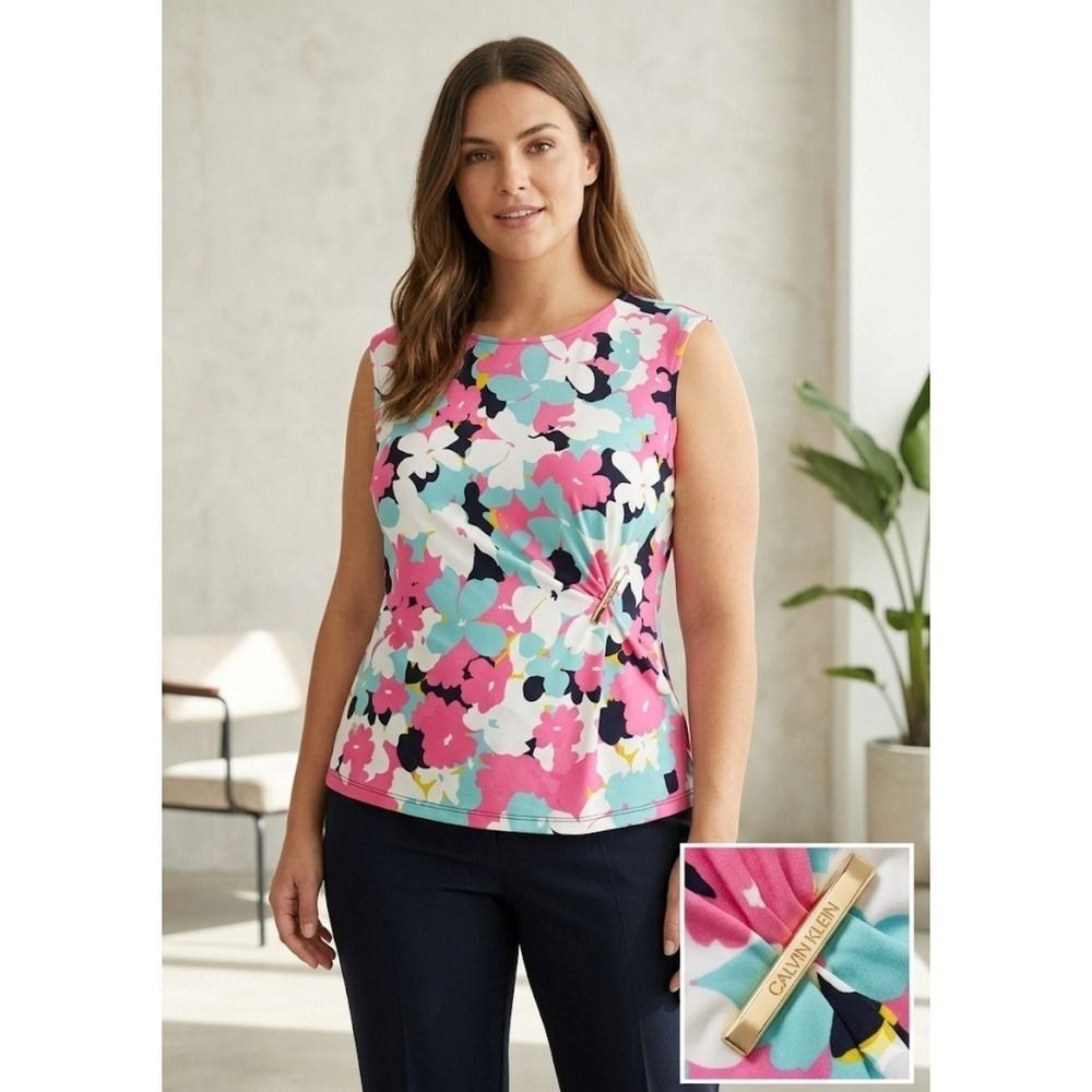 Calvin Klein Womens Sleeveless Blouse Floral Ruched Side Hardware Top Sz  M